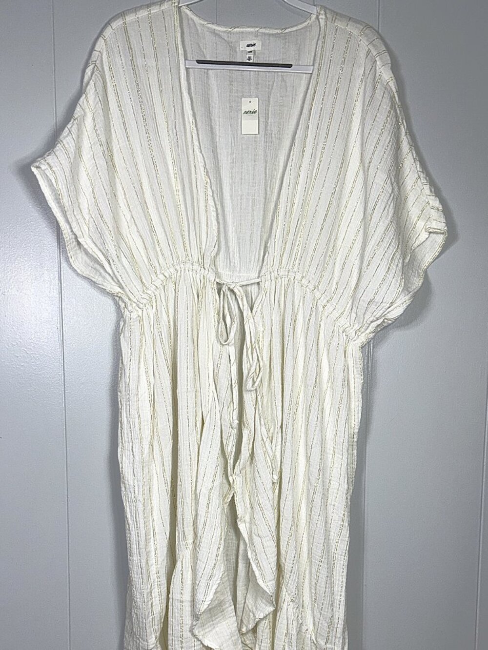 Aerie Boho White Gold Stripe Ruffle Beach Robe Cover-Up Maxi Gauze Tie Cape L/XL